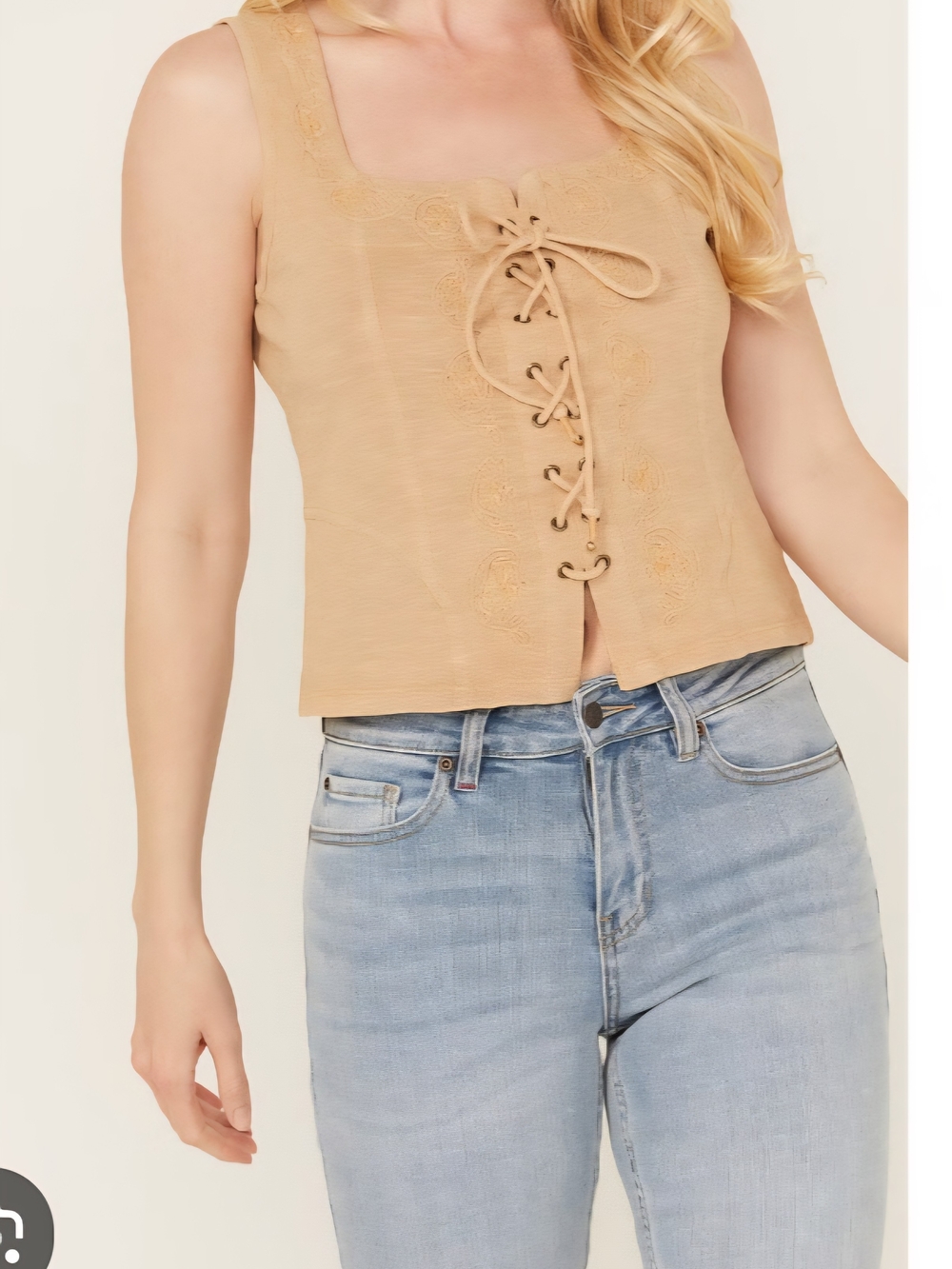 Idyllwind Beige Lace-Up Square Neck Camisole